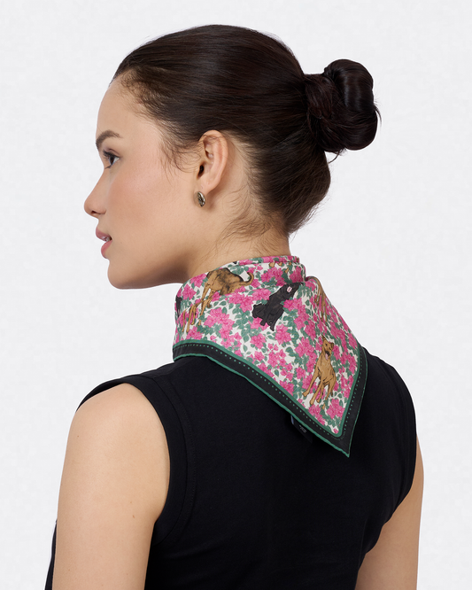 Singapore Special Magenta silk-cotton bandana with hand-drawn Singapore Special dog and bougainvillea — Studio Qiling luxury print bandana Singapore