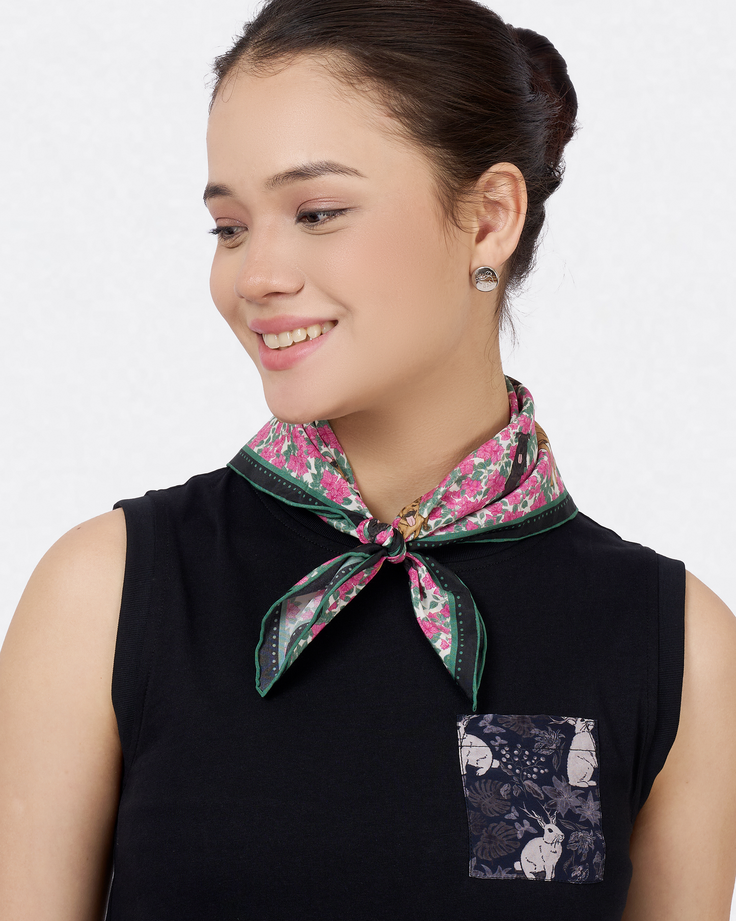 Singapore Special Magenta silk-cotton bandana worn as a headband — Studio Qiling hand-drawn Singapore Special dog bandana Singapore