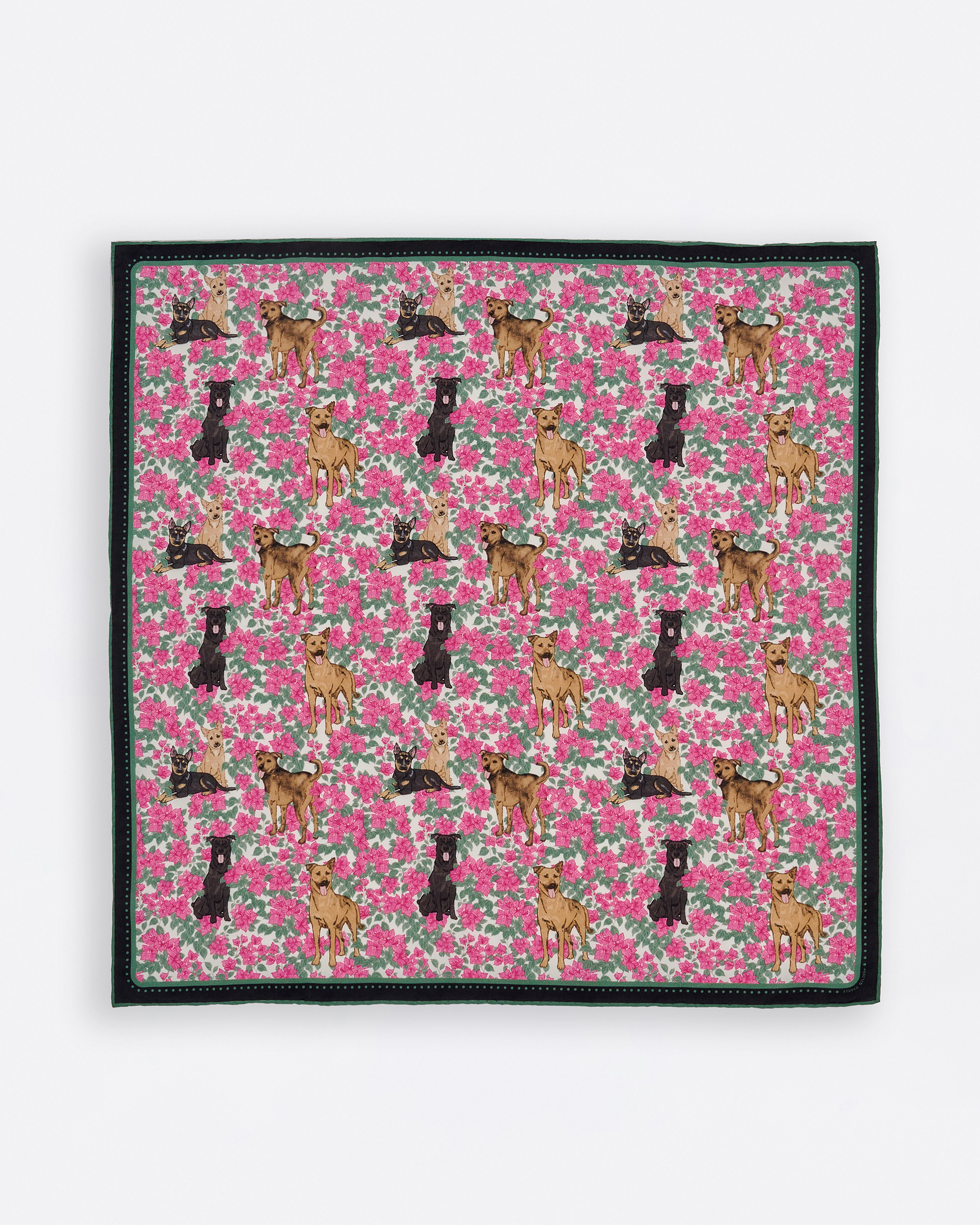 Close-up of hand-drawn Singapore Special dog and bougainvillea on the Magenta silk-cotton bandana — Studio Qiling Singapore