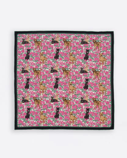 Close-up of hand-drawn Singapore Special dog and bougainvillea on the Magenta silk-cotton bandana — Studio Qiling Singapore