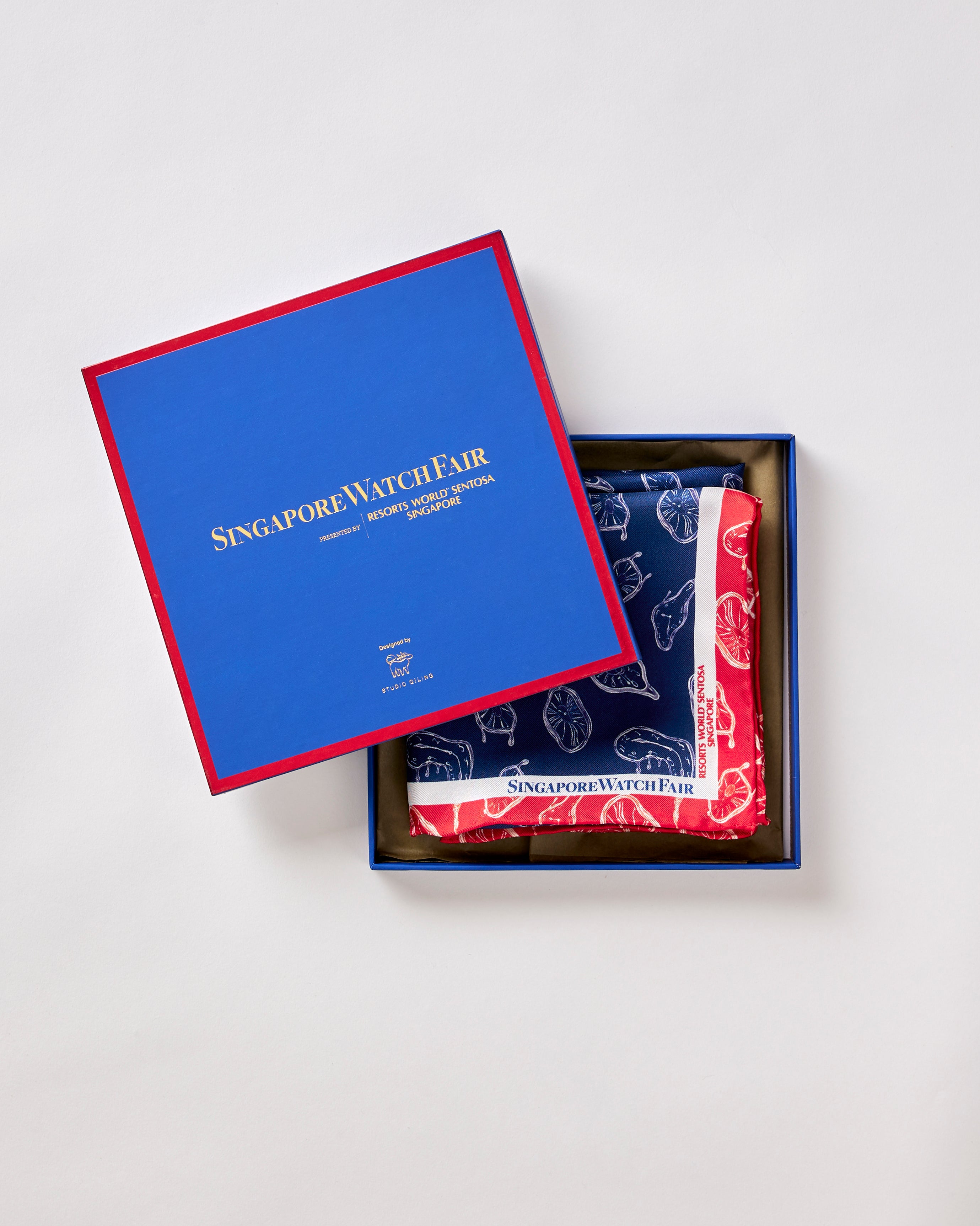  100% silk pocket square with customised Melting Clocks print, bespoke gift-with-purchase by Studio Qiling for the Singapore Watch Fair