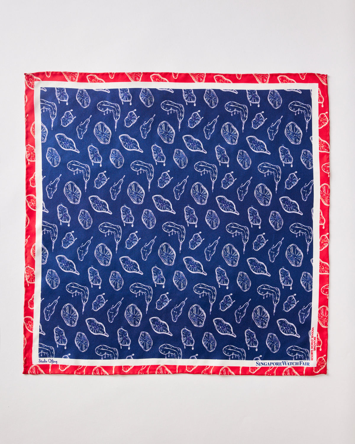 Customised silk pocket square with hand-rolled edges and gift box, luxury corporate gift by Studio Qiling for the Singapore Watch Fair