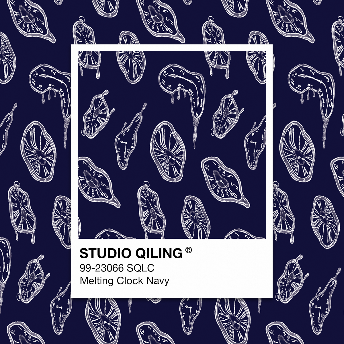 Hand-drawn Melting Clocks artwork by Studio Qiling, custom print for the Singapore Watch Fair silk pocket square