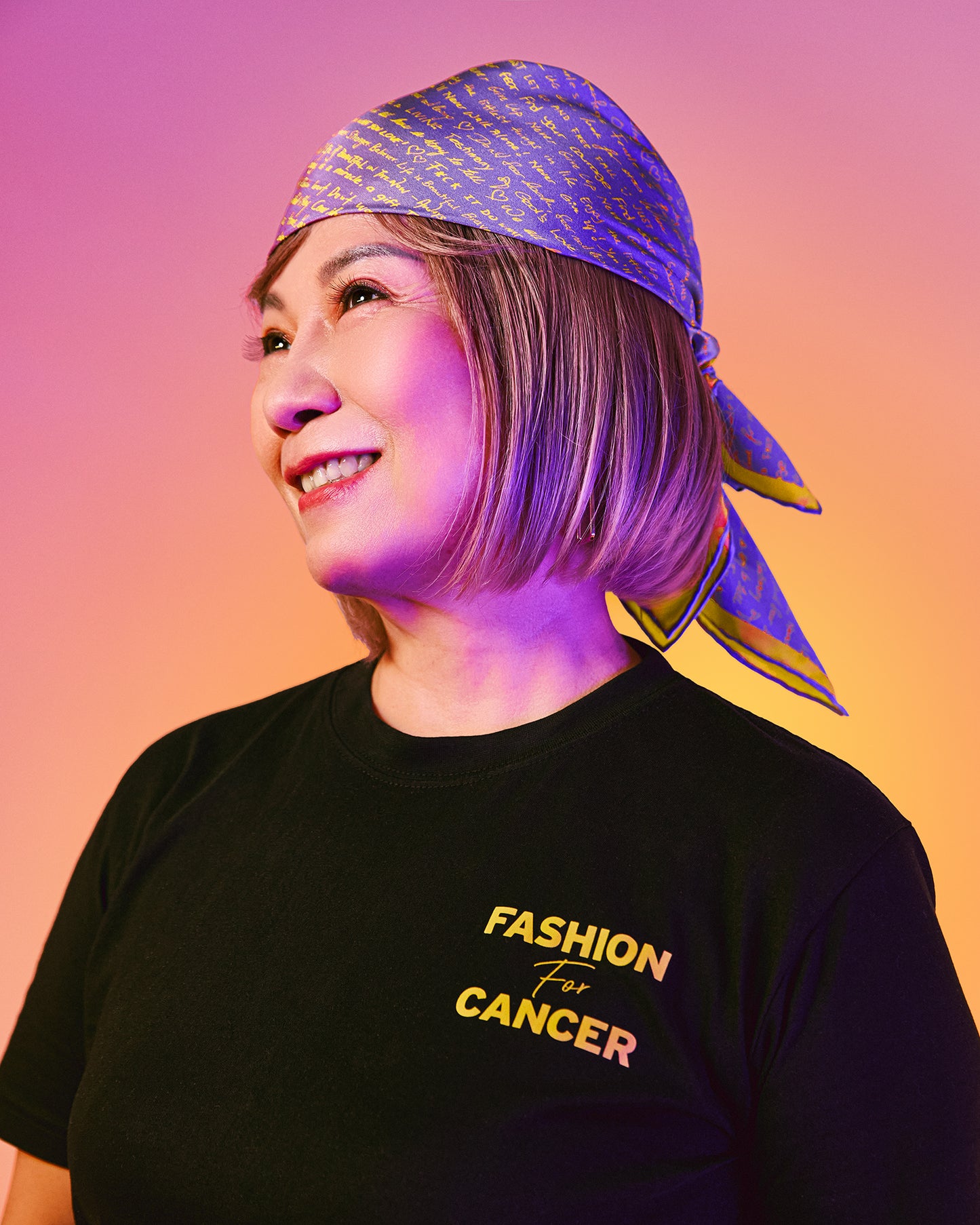 Stories of Hope double-sided silk scarf styled as a headscarf — Studio Qiling x Fashion for Cancer luxury scarf Singapore