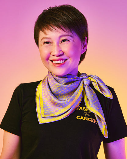 Close-up of handwritten cancer survivor messages on Stories of Hope reversible silk scarf — Studio Qiling x Fashion for Cancer