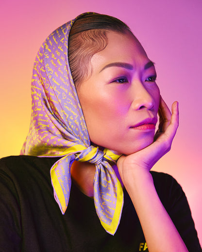 Stories of Hope reversible silk scarf styled as a top — Studio Qiling x Fashion for Cancer wearable art scarf Singapore