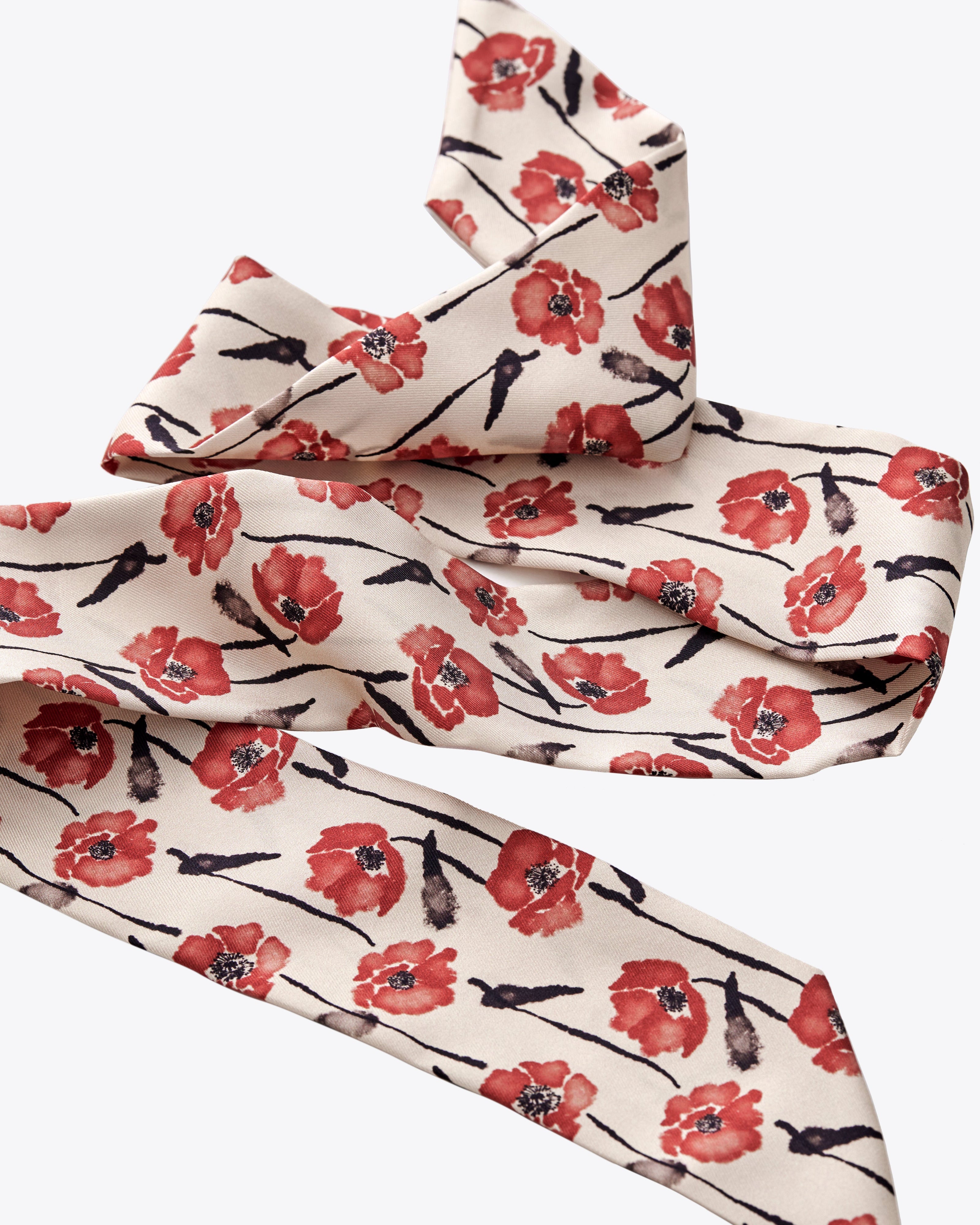 Dancing Poppies Mod silk bandeau with hand-drawn poppy floral print — Studio Qiling luxury silk hair scarf Singapore