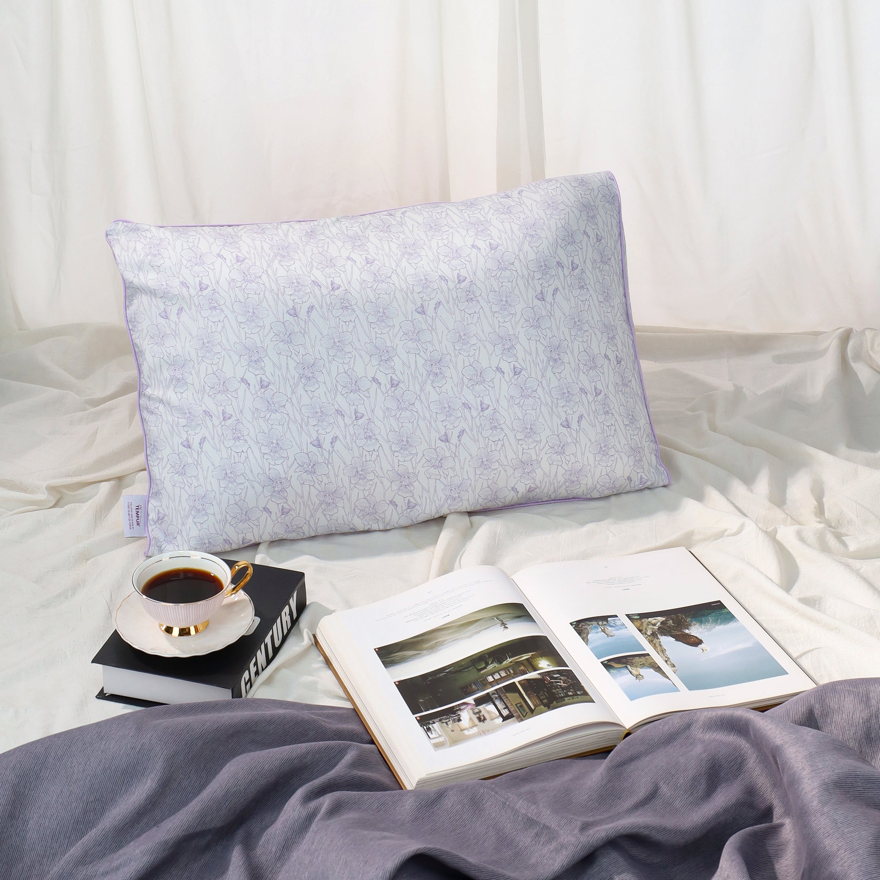 Customised bamboo lyocell pillowcase with hand-drawn Vanda Miss Joaquim orchid print, bespoke National Day corporate gift by Studio Qiling for Tempur