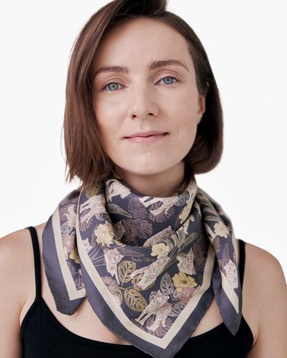 Close-up of hand-drawn tiger motif on Tiger Autumn Navy reversible silk scarf — Studio Qiling Singapore designer scarf