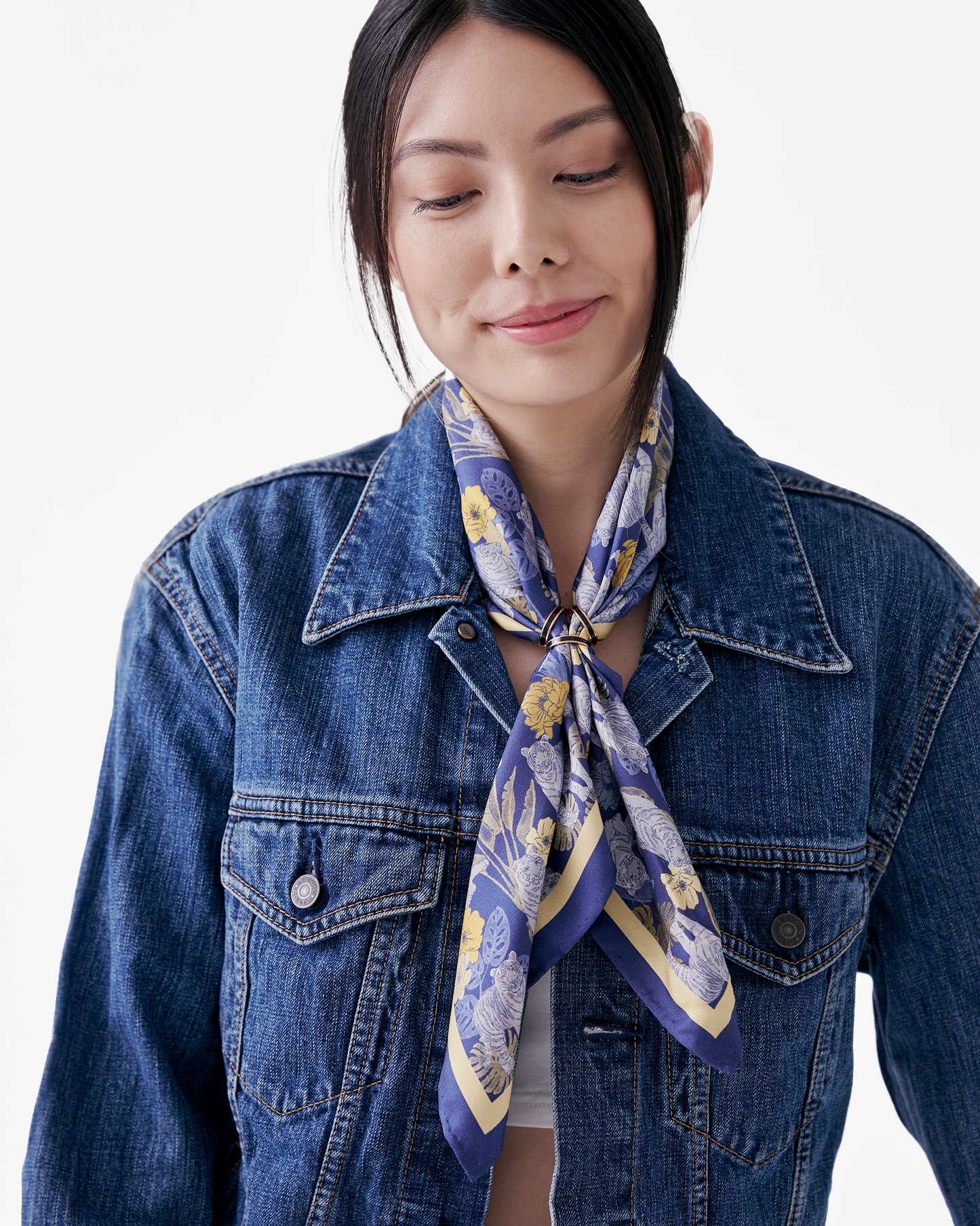 Tiger Autumn Navy double-sided silk scarf styled as a headband — Studio Qiling luxury wearable art scarf Singapore