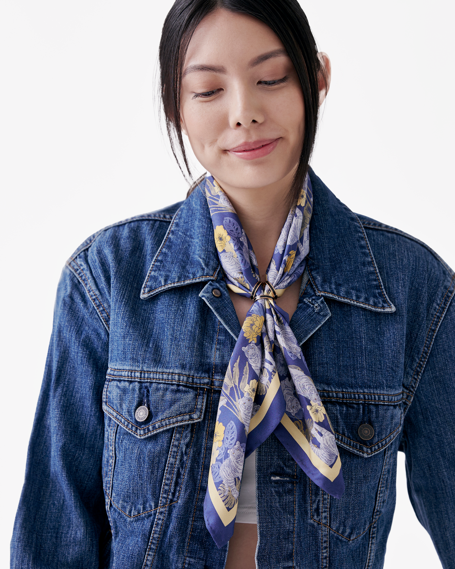 Tiger Autumn Navy double-sided silk scarf styled as a headband — Studio Qiling luxury wearable art scarf Singapore