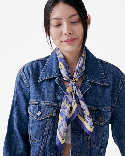 Tiger Autumn Navy double-sided silk scarf styled as a headband — Studio Qiling luxury wearable art scarf Singapore