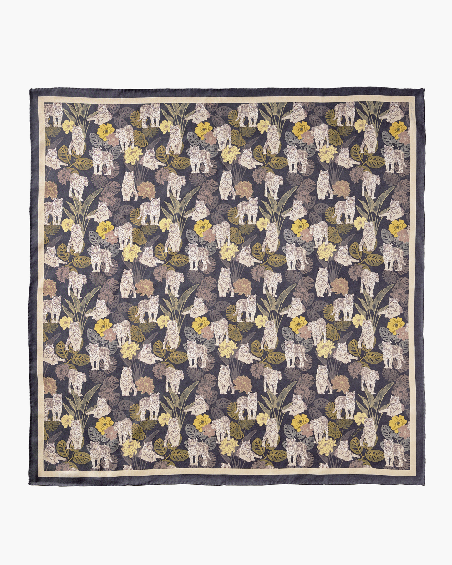Tiger Autumn Navy reversible silk scarf laid flat showing both sides — Studio Qiling double-sided luxury scarf Singapore