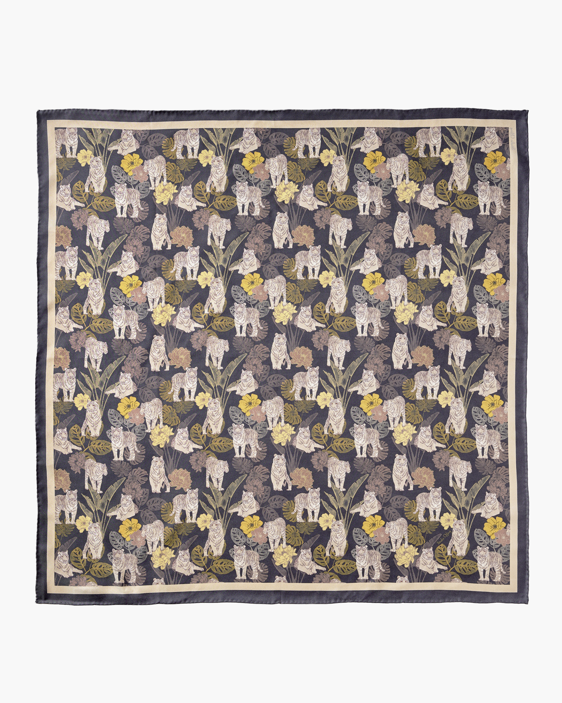 Tiger Autumn Navy reversible silk scarf laid flat showing both sides — Studio Qiling double-sided luxury scarf Singapore