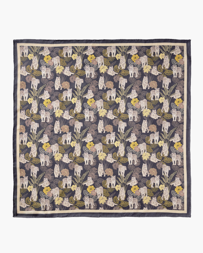 Tiger Autumn Navy reversible silk scarf laid flat showing both sides — Studio Qiling double-sided luxury scarf Singapore