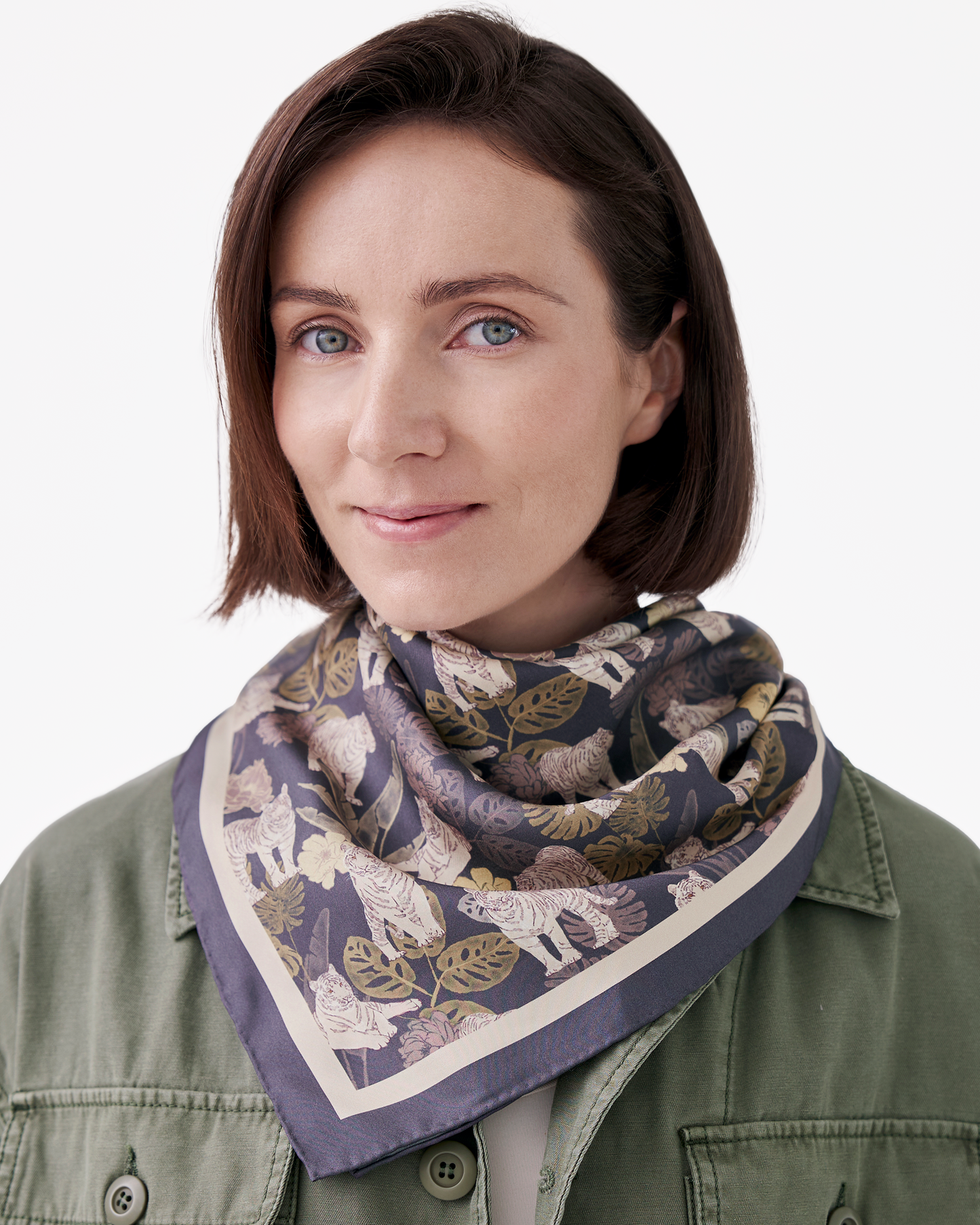 Tiger Autumn Navy double-sided 65cm silk scarf with hand-drawn tiger motif — Studio Qiling luxury artist print scarf Singapore