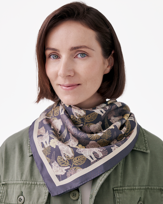 Tiger Autumn Navy double-sided 65cm silk scarf with hand-drawn tiger motif — Studio Qiling luxury artist print scarf Singapore
