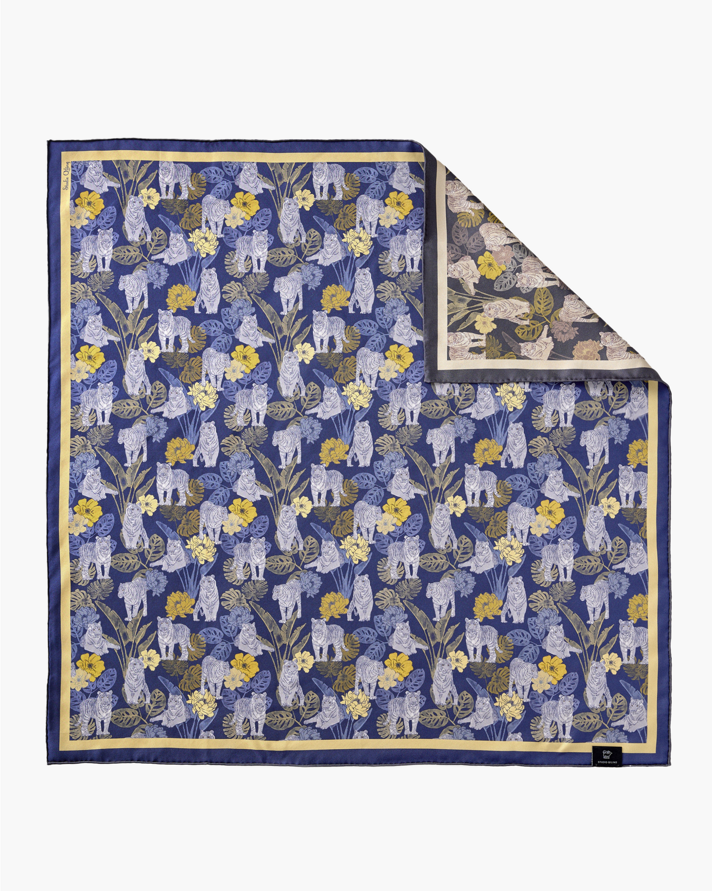 Tiger Autumn Navy silk scarf styled as a top — Studio Qiling hand-drawn tiger print wearable art scarf Singapore