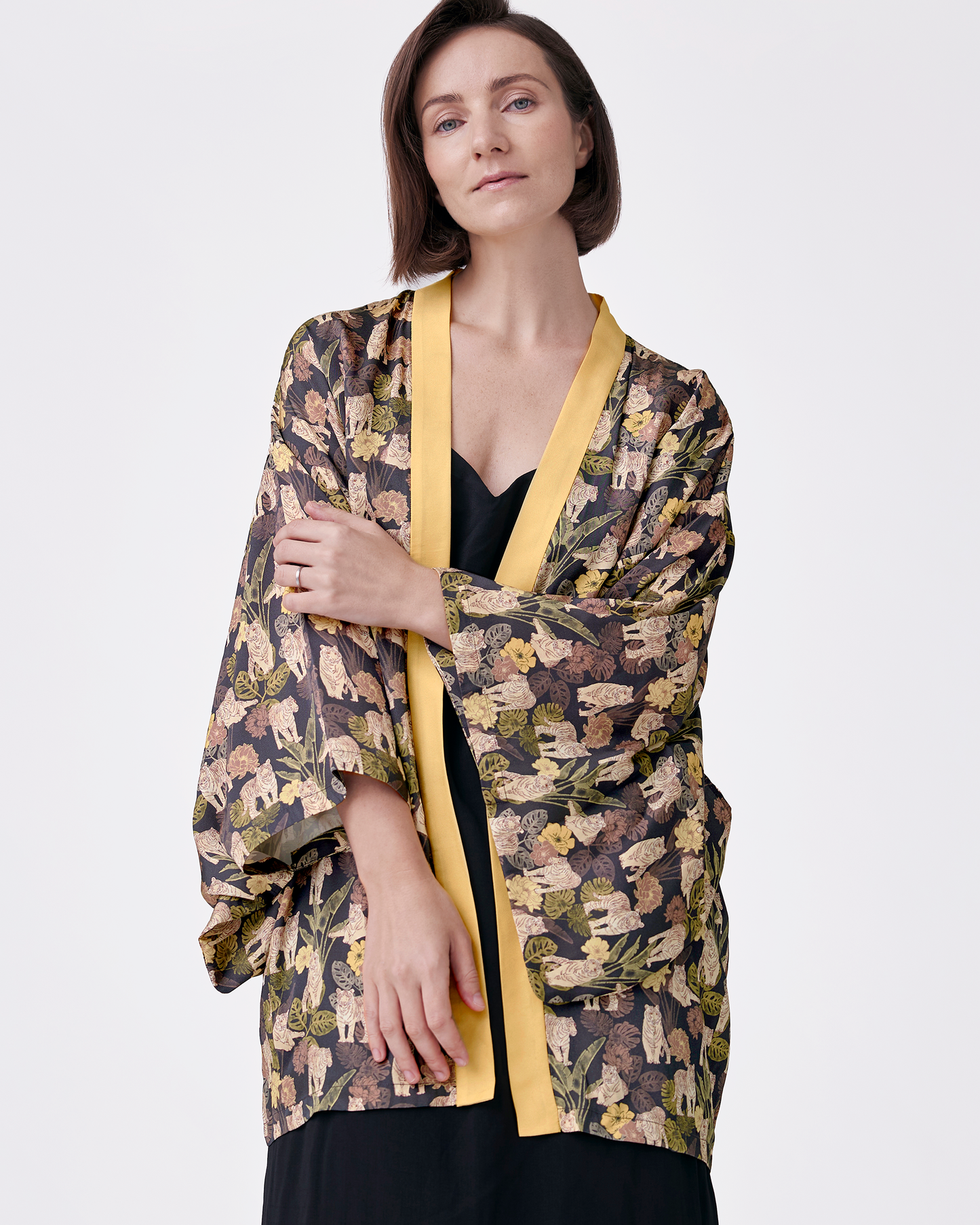 Tiger Autumn silk blend kimono with hand-drawn tiger print — Studio Qiling luxury printed kimono outerwear Singapore