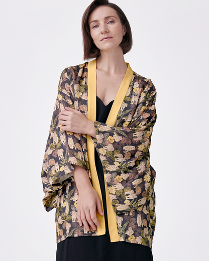 Tiger Autumn silk blend kimono with hand-drawn tiger print — Studio Qiling luxury printed kimono outerwear Singapore