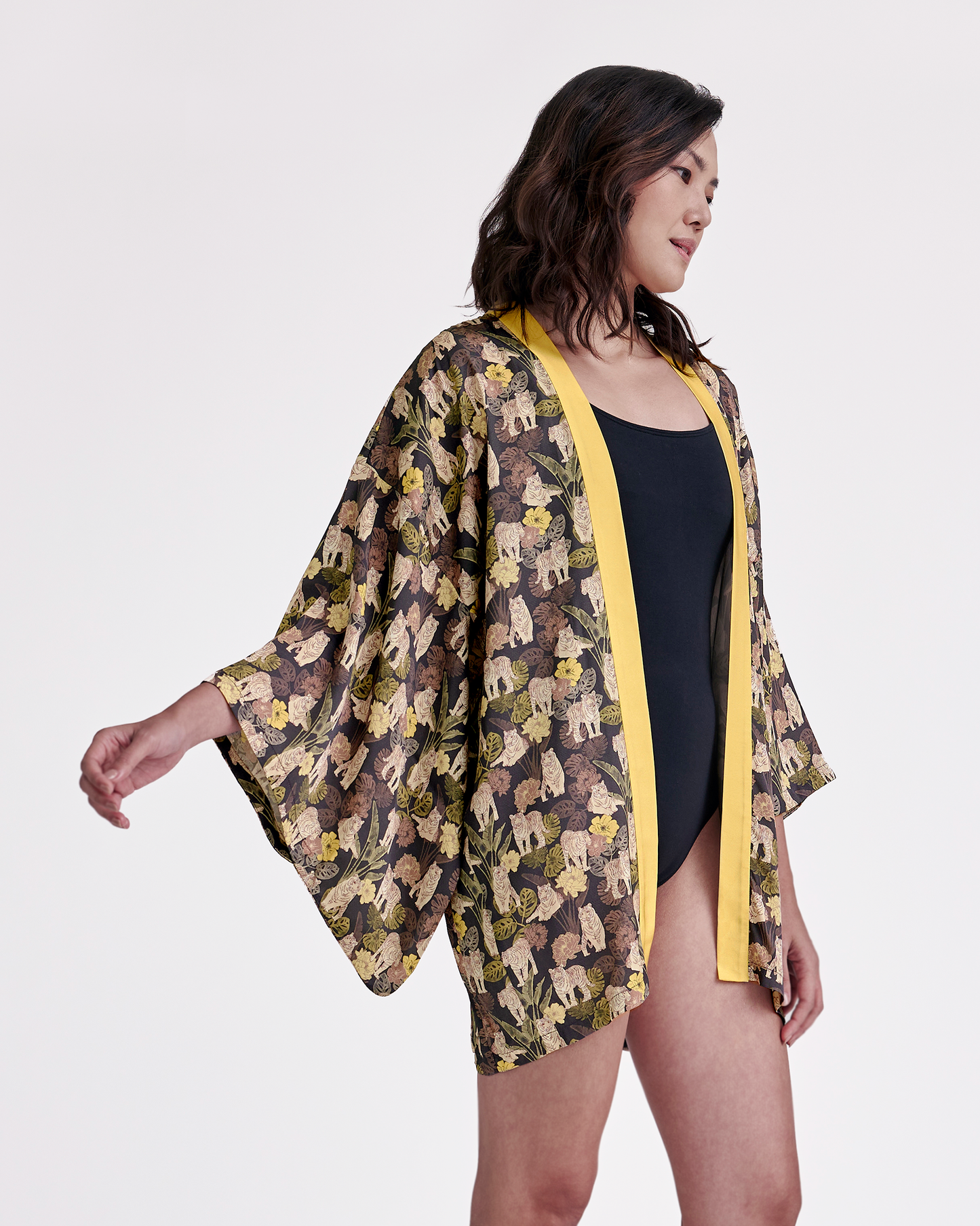 Tiger Autumn silk blend kimono styled as a beach cover up — Studio Qiling wearable art luxury kimono outerwear Singapore