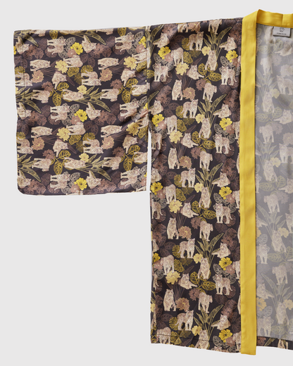 Tiger Autumn silk blend kimono laid flat — Studio Qiling hand-drawn tiger print luxury kimono jacket Singapore