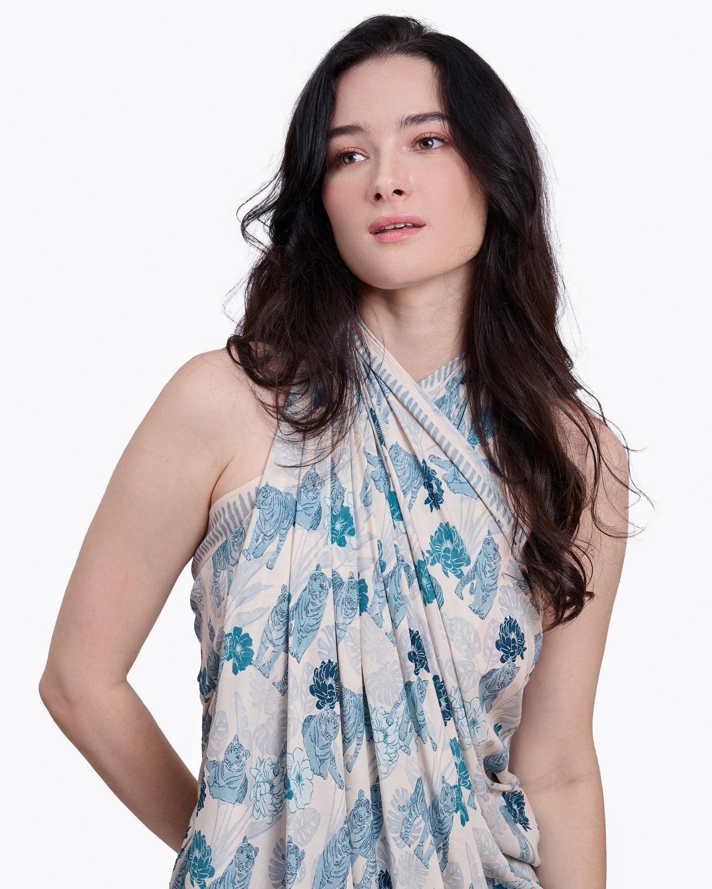 Tiger Blue pareo with hand-drawn tiger print — Studio Qiling luxury artist print beach wrap Singapore