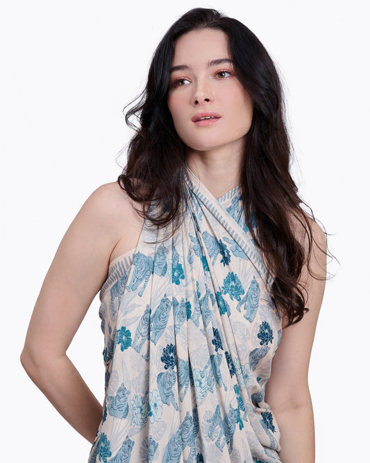 Tiger Blue pareo with hand-drawn tiger print — Studio Qiling luxury artist print beach wrap Singapore