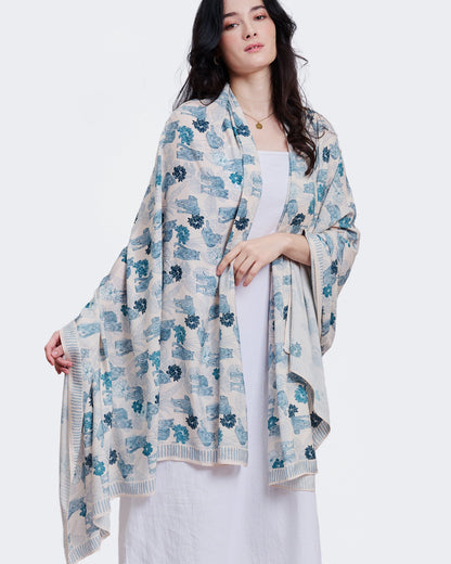 Close-up of hand-drawn tiger motif on Tiger Blue pareo — Studio Qiling luxury artist print beach wrap Singapore