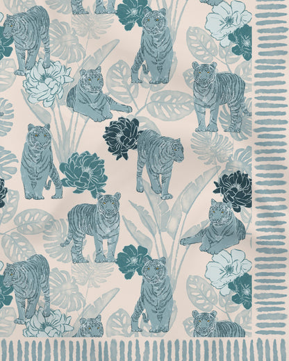 Tiger Blue pareo laid flat — Studio Qiling hand-drawn tiger print luxury resort beach wrap Singapore