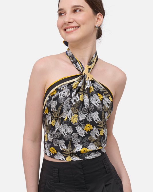 Tiger Navy Night double-sided 100cm silk scarf — Studio Qiling hand-drawn tiger print luxury square scarf Singapore