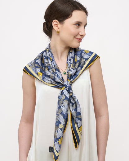 Tiger Navy Night hand-drawn double-sided silk scarf styled as a neck wrap — Studio Qiling Singapore designer scarf