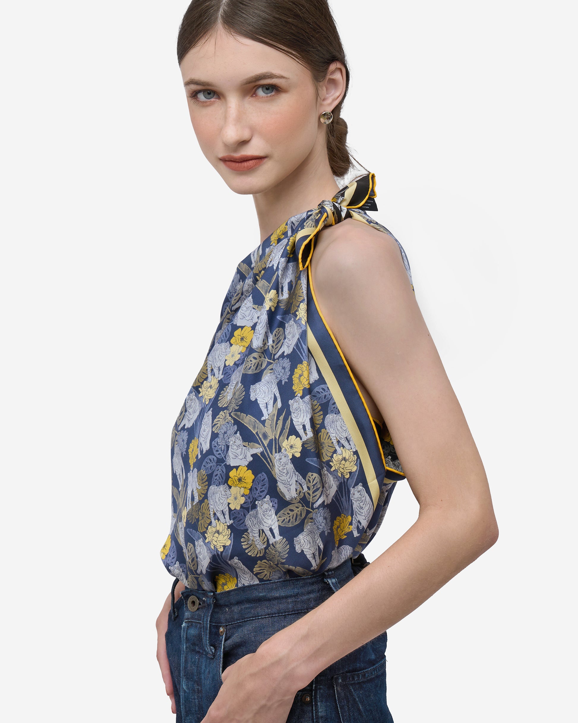 Tiger Navy Night double-sided silk scarf styled as a top — Studio Qiling reversible wearable art scarf Singapore