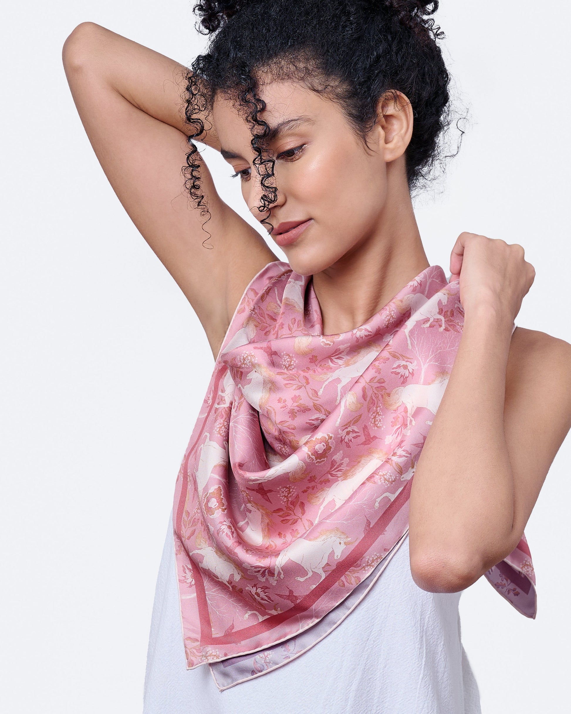 Unicorn Spring Magic double-sided silk scarf styled as a headscarf — Studio Qiling wearable art luxury scarf Singapore