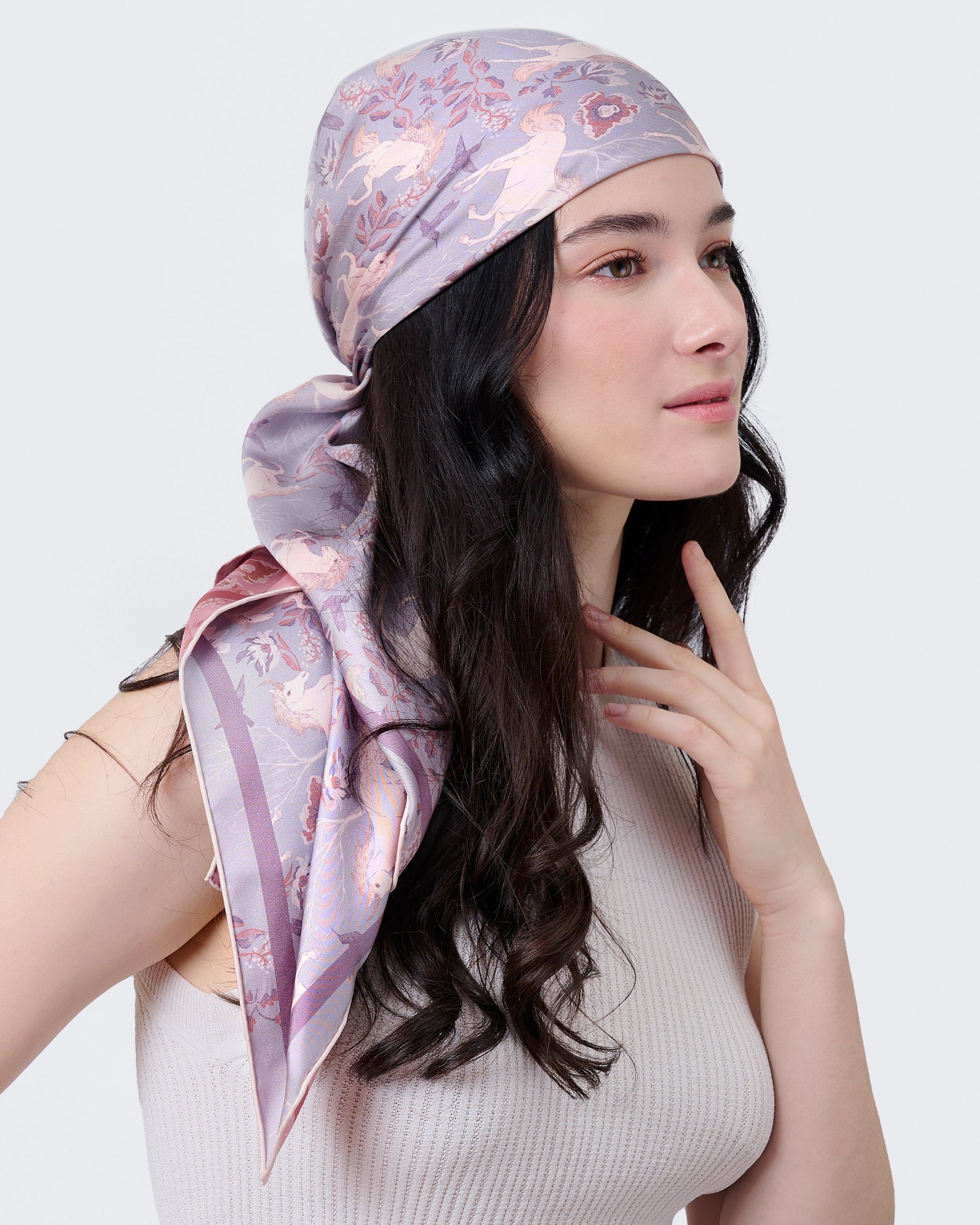 Unicorn Spring Magic double-sided silk scarf styled as a top — Studio Qiling hand-drawn unicorn print wearable art scarf