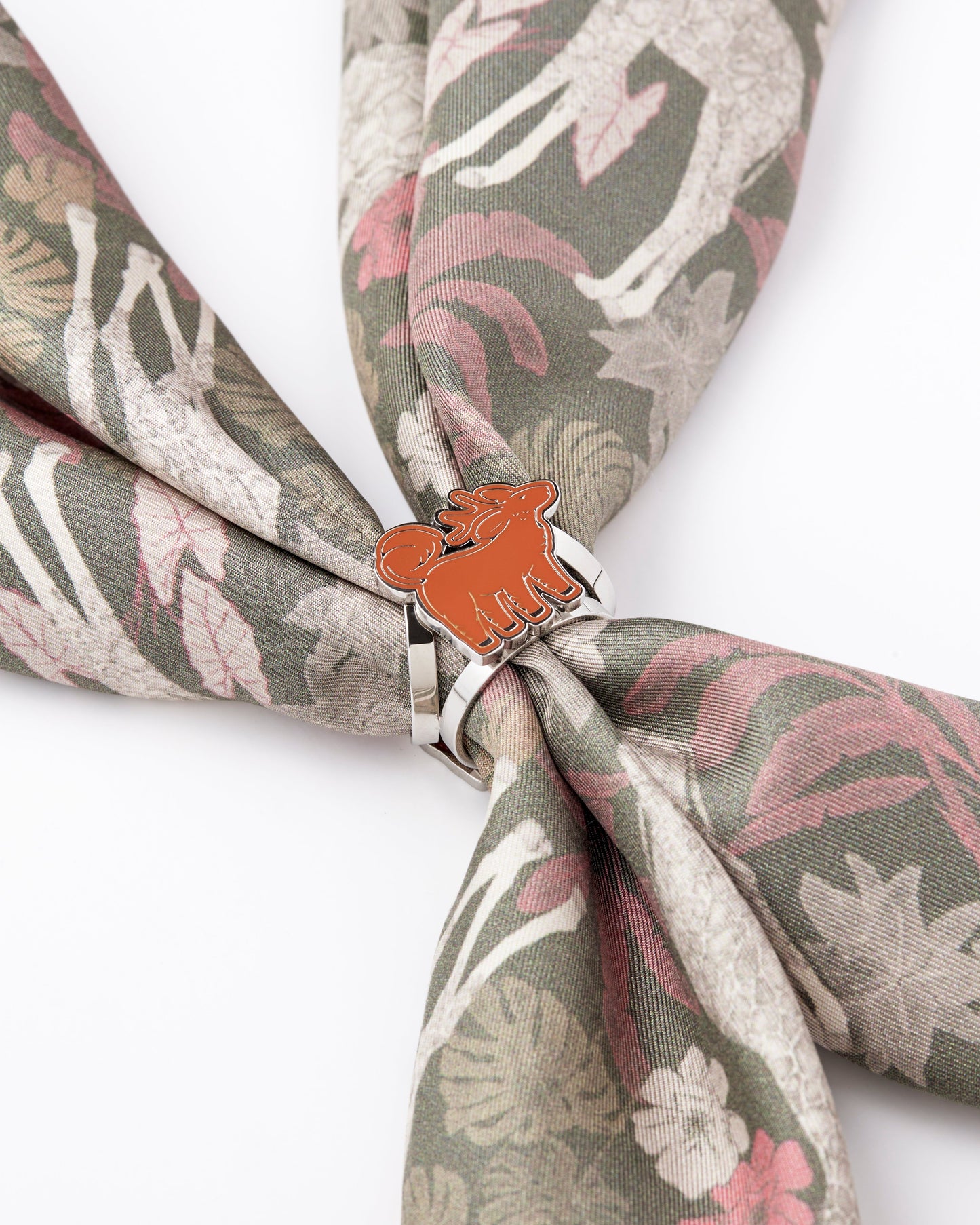Violet Citrus Qiling Duo silver scarf ring styled with a silk scarf — Studio Qiling luxury scarf accessory Singapore