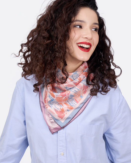 Zebra Lilac Spring double-sided 65cm silk scarf with hand-drawn zebra motif — Studio Qiling luxury wearable art scarf Singapore