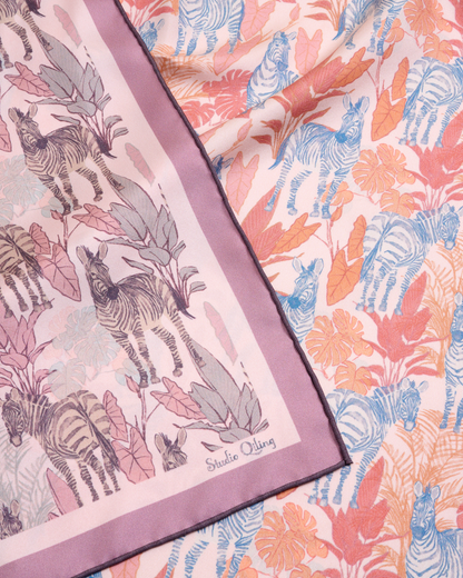 Zebra Lilac Spring reversible silk scarf laid flat showing both sides — Studio Qiling double-sided luxury scarf Singapore