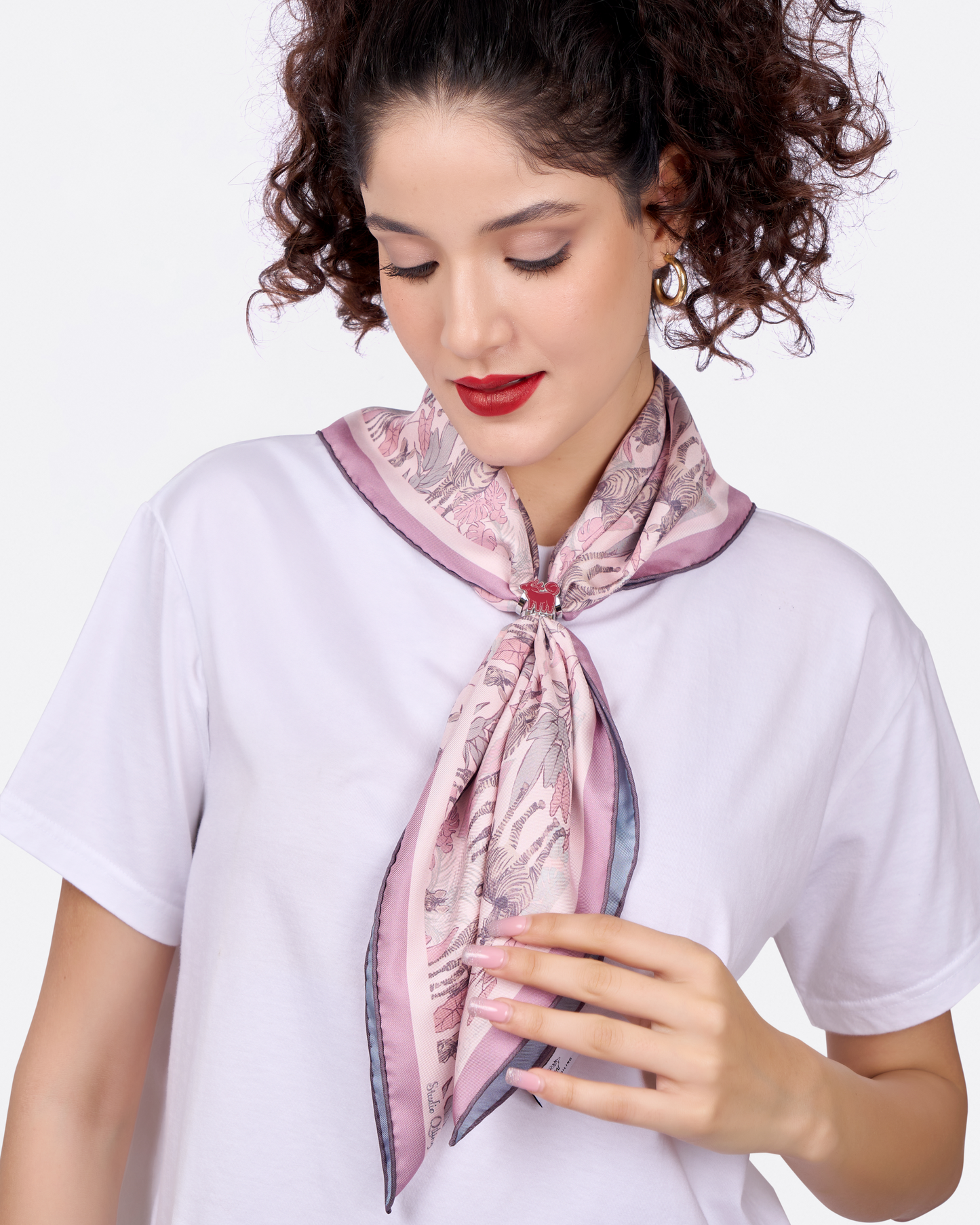 Woman wearing Zebra Lilac Spring reversible silk scarf as a neck wrap — Studio Qiling hand-drawn zebra print luxury scarf