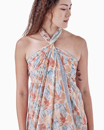 Zebra Sunset pareo with hand-drawn zebra print — Studio Qiling luxury artist print beach wrap Singapore