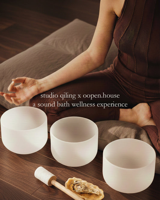 Studio Qiling Sound Bath Wellness Experience event poster with calming visuals and event details for March 14 and 21, 2026.